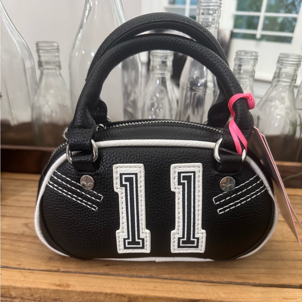 PARIS HILTON MINI VARSITY BLACK/WHITE BOWLER CROSSBODY PURSE